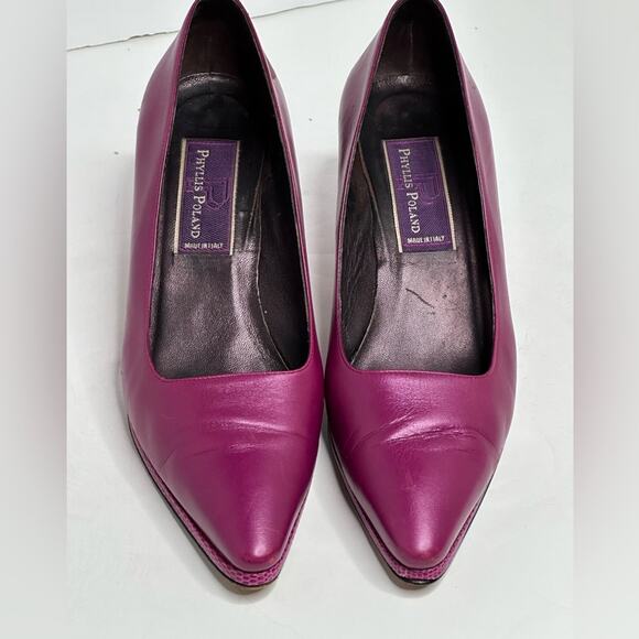 PHYLLIS POLAND 90’s DESIGNER BURGUNDY PINK PUMPS Stunning Snake Heels Edges 8B - Picture 1 of 14